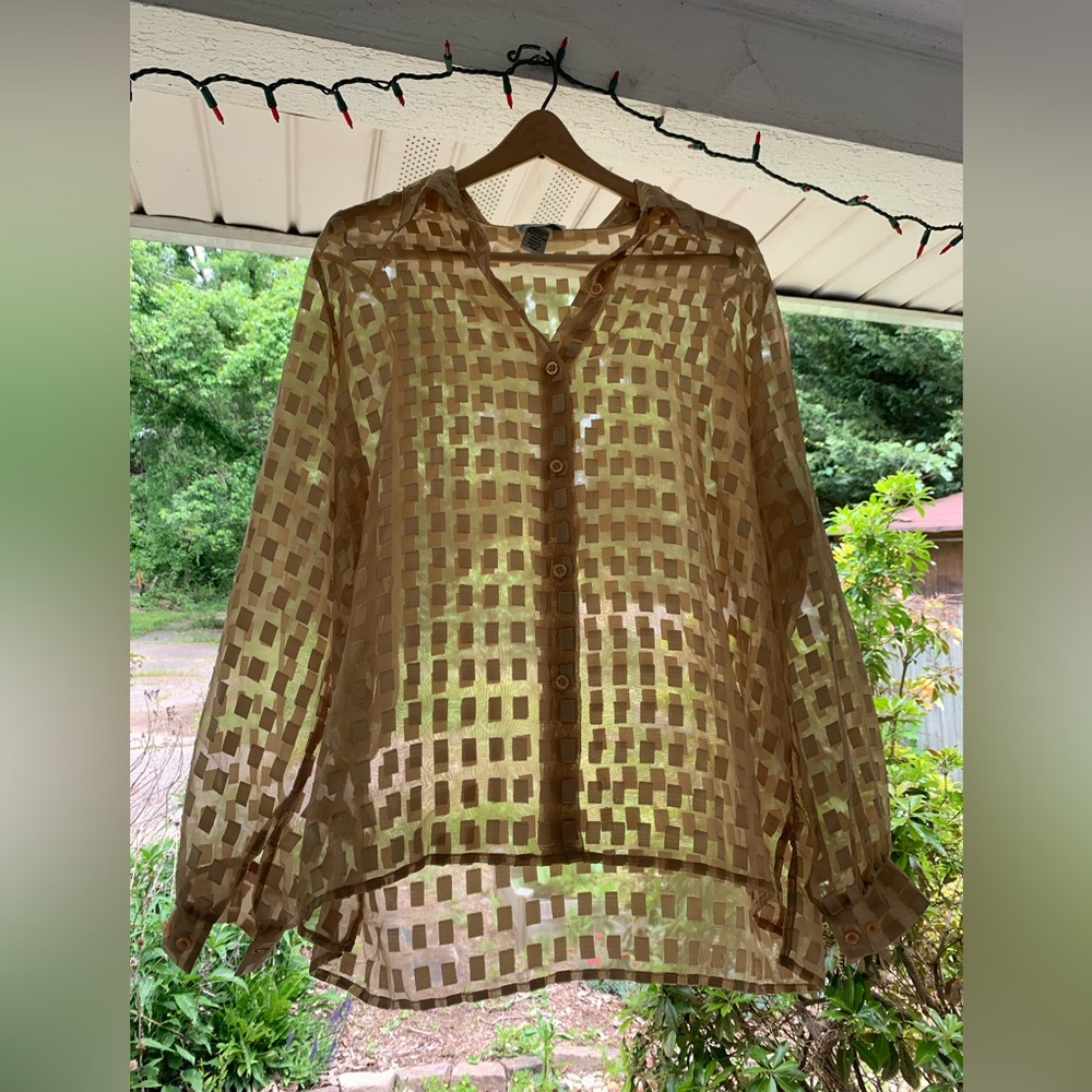 Gold sheer checkered long sleeve button down